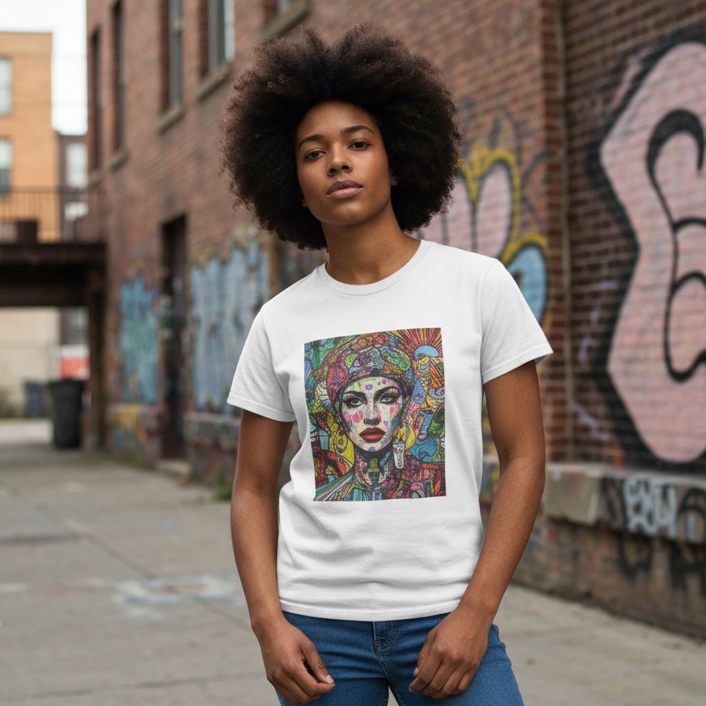 Model wearing custom printed tee